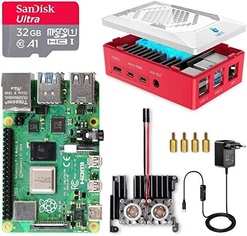 LABISTS Raspberry Pi 4 Model B 8GB RAM Starter Kit, RPi Barebone con MicroSD 32GB, Tipo C Alimentatore 5.1V 3A, Ventola, 2 Micro HDMI, Raspberry Pi 4 Case Protettiva Rossa, Lettore di Scheda