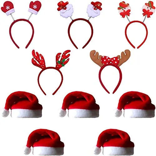 COSORO 5Pcs Unisex Babbo Natale Cappelli 40 x 30 cm Cappello da Babbo Natale e 5Pcs Testa di Natale Boppers Fasce di Natale Xmas Festa di Santa Festa di Natale Cappelli Regalo per Adulti/Bambini