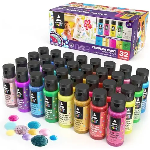 Arteza - Set di 32 flaconi di vernice lavabile a tempera da 60 ml, per lavori artigianali, pittura con spugna e pittura a dita, include neon, glitter e bagliore al buio