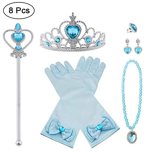 Vicloon Costumi da Principessa Set di 8 Pezzi Dono da Tiara,Guanti,Bacchetta Magica, Anello, Orecchino,Collana da 3 a 9 Anni (Blu)