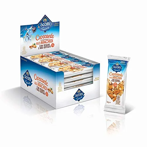 Riso Scotti Snack - Croccante alle Arachidi con Sesamo e Riso Soffiato - Snack Senza Glutine - 24 Pezzi