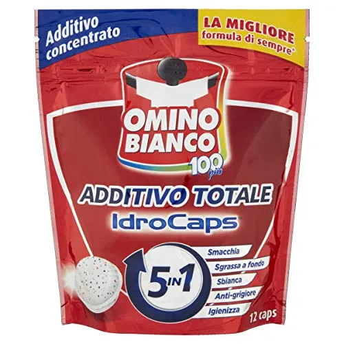 Omino Bianco - Additivo Lavatrice Totale 5 Azioni in 1 Idrocaps, Capsule Idrosolubili per Bucato, Smacchiante e Igienizzante,1 Confezione x 12 Caps