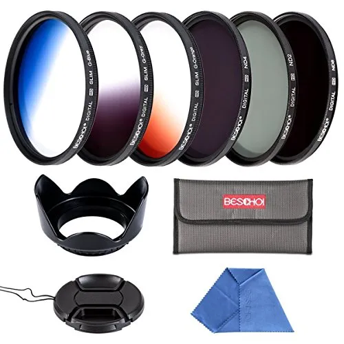 Beschoi 58mm Kit di filtri ND2 ND4 ND8 + Filtri graduato Arancione/Blu/Grigio con degli Altri Accessori per l' Obiettivo di Fotocamera