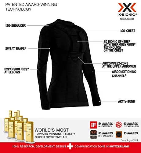 X-Bionic Apani 4.0 Merino Round Neck Long Sleeves Strato Base Camicia Funzionale, Donna, Black/Black, S