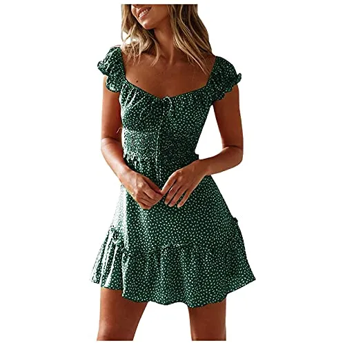 BOTCAM Abito estivo da donna, con scollo a V, stile bohémien, abito da spiaggia, corto, elegante, stampa floreale, alla moda, slim fit, abito da babydoll, Verde menta, S