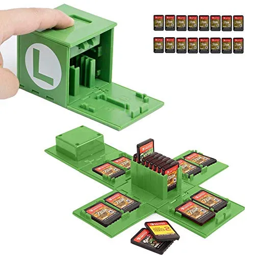JEETA Custodia per schede di Memoria Nintendo Switch, Supporto per 16 Giochi Sistema di Conservazione Organizzatore Card Giochi Rigido Custodia Switch (Luigi Green)
