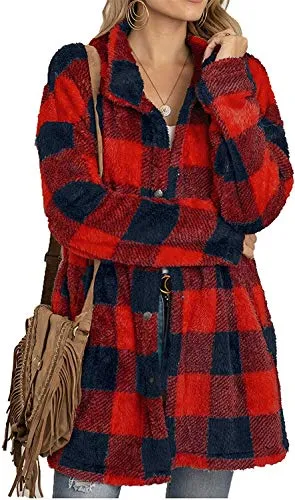 Cappotto Donna Invernale Giacca in Peluche Pelliccia Sintetica Morbido Caldo a Maniche Lunghe con Bottoni Stampa a Quadri Casual Moda