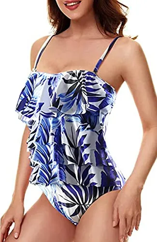 JFAN Costume da Bagno Donna Estivo Un Pezzo Volant Senza Schienale Controllo della Pancia Sling Bikini Stampa Foglia Blu XL