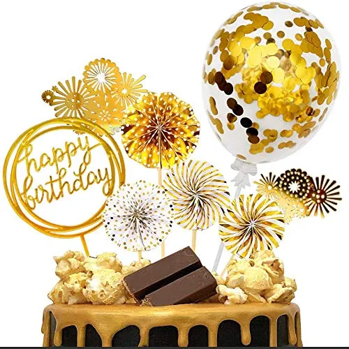 iZoeL Decorazione Torta di Compleanno Oro Cake Topper Happy Birthday Coriandoli Palloncino Ventagli Cake Topper