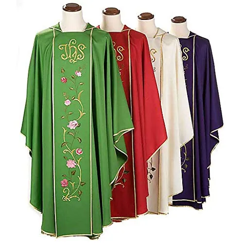 Casula liturgica IHS Rose Colorate 100% Lana, con Stola, Verde