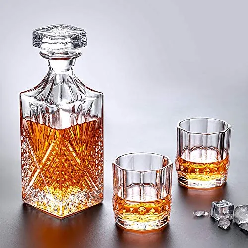 7 Pezzi Bottiglie e Bicchieri Whisky, Decanter da Whiskey Cristallo, 800ml Bottiglia con 6X 300ml Bicchieri Superiore qualità Deluxe Regalo per Anziano Genitori Donne Uomini