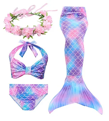 HiFunBay Ragazze Coda da Sirena per Nuotare Bambina Costume da Bagno Incluso 3PCS Bikini e Fiore Garland Archetto (DH48-B07,150)