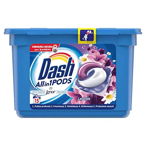 Dash 15 PODS All in1 Detersivo lavatrice in capsule Monodosi per Bucato, Lavanda, Semplici da Usare, Profumo Ottimale In 1 Solo Lavaggio, 15 lavaggi