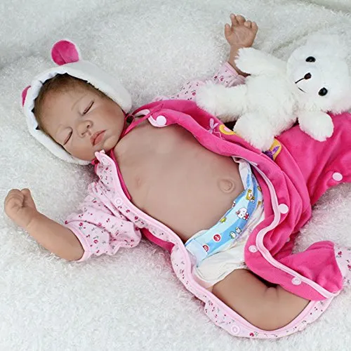 Nicery Reborn Bambino Bambola Morbido Silicone Vinile 22inch 55 Centimetri Realistica della Ragazza del Giocattolo Rosa Dormire Occhi Orso Chiudi Baby Doll A3IT