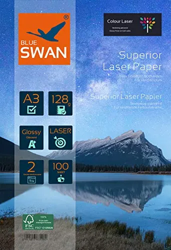Blue Swan 100 fogli di carta fotografica laser A3 Superior Colour Flyer, 128 g/mq, lucida, stampabile su entrambi i lati, per tutte le stampanti laser a colori e fotocopiatrici