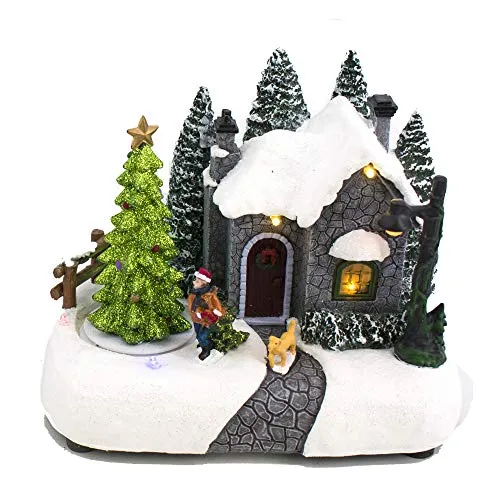 Villaggio di Natale Paese innevato con Albero di Natale in movimento, paesaggio con Luci LED e Musica Babbo Natale Scenario Paesaggio Natalizio Parco Giochi Carillon Dimensioni 21x14x17 cm Giostrina