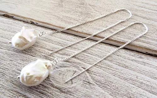 Orecchini con perle bianche barocche e argento 925, pendenti lunghi a catenella, gioielli minimalisti, bijoux con pietre naturali, regalo per lei