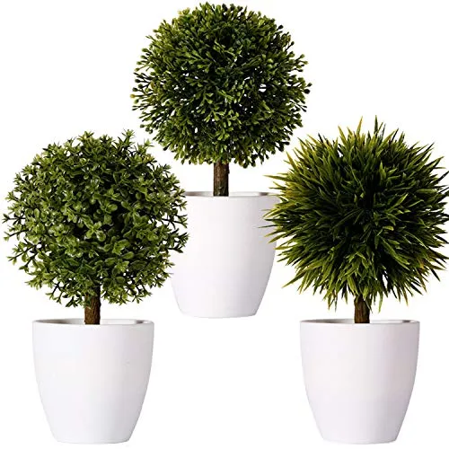 FagusHome 20cm Alto Pianta Artificiale in Vaso 3 Pz Artificiale Bosso Albero Arte Topiaria Albero con Plastica Bianca Vaso per Decor (B)