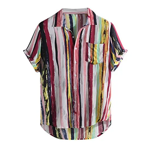 Lazzboy Uomo Camicia Top Multicolor Stripes/Color Block Plus Size Graffiti Manica Corta Bottoni Larghi Largo Bluse(2XL,Rosso-Strisce)