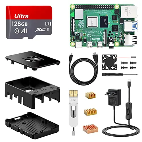 NinkBox Raspberry Pi 4 Modello B Starter Kit, RPi Barebone 8GB RAM + ROM128GB, Alimentatore 5.1V / 3A con Interruttore,Ventola, dissipatore di calore, 2 cavi Micro HDMI