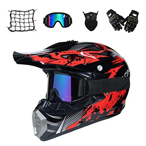 Casco da Motocross Set con Guanti/ Occhiali/ Face Mask/ Rete Elastica Moto, Nero e Rosso, Unisex Adulto Casco Moto Cross Kit Downhill Caschi Moto Offroad Enduro Sport con Fodera Rimovibile,L