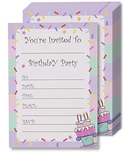 Juvale – 24 inviti di compleanno con buste per bambini e feste a tema, 12,7 x 17,8 cm, stile cartolina