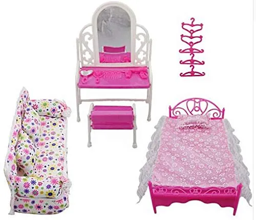 Rehomy Accessori per mobili Princess: set da toeletta + set di divani + set da letto + appendiabiti per bambola Barbie da camera, set di 8