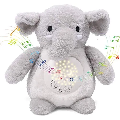 Umitive Bambino Aiuto per il Sonno, Peluche Carillon Neonati con Tranquillizzante Ninna Nanna e Rumore Bianco e Proiettore Stelle e Timer Automatico, Regalo Giocattolo Elefante Lavabile per Lettino