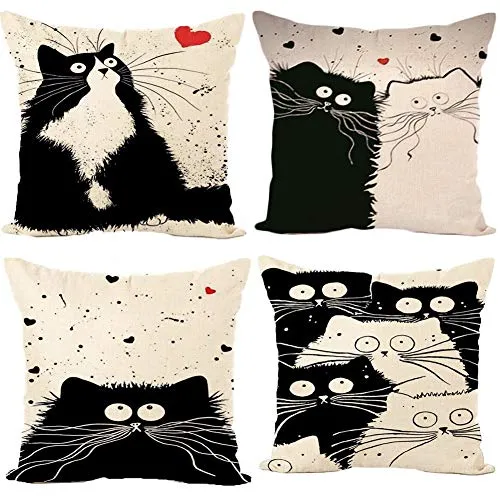 Gspirit federe Gatto 4 Pack Cuscini per divani Decorativo Cotone Biancheria Cuscino copricuscini Divano Caso Federa per Cuscino 45x45 cm