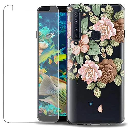 MadBee Cover Compatibile Samsung Galaxy A9 2018 [con Pellicola in Vetro Temperato],Motivo in Creativo Disegni Trasparente Morbida Silicone Ultra Sottile TPU Custodia Protettiva (Fiore 1)