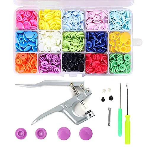 DMFSHI Bottoni a pressione, 150 set di bottoni a pressione in plastica T5, bottoni automatici e kit di bottoni a pressione, 15 colori con scatole trasparenti per tutti i tipi di vestiti fai da te