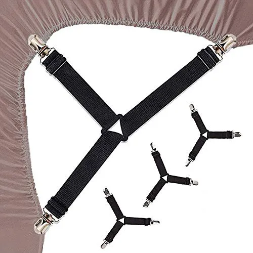Niaguoji - Set di 4 cinghie elastiche triangolari regolabili con clip, per lenzuola, per materasso, bretelle per biancheria da letto, per la decorazione della casa, colore: nero