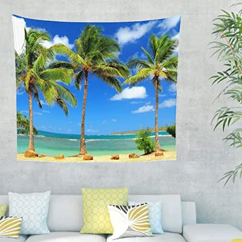 Boho tappezzeria Palm Tree Blue Sky spiaggia Home Decor Mandala Arazzo da parete per soggiorno, camera da letto, soggiorno, decorazione da parete 59x51inch bianco