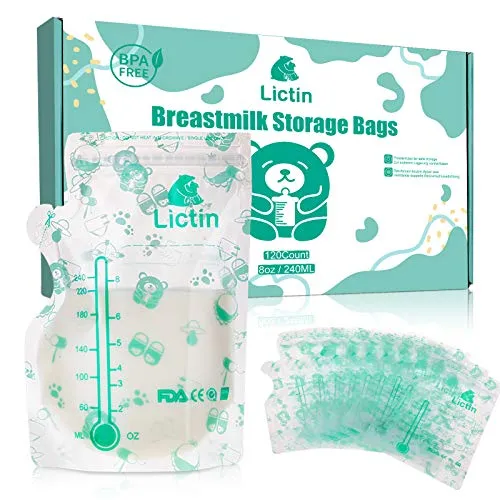 Lictin Sacchetti Latte Materno Freezer - 120 Pezzi 240 ml Contenitori Latte Materno,Pre-Sterilizzate e a Prova di Perdita, BPA BPS Free, Buste per latte materno con beccuccio