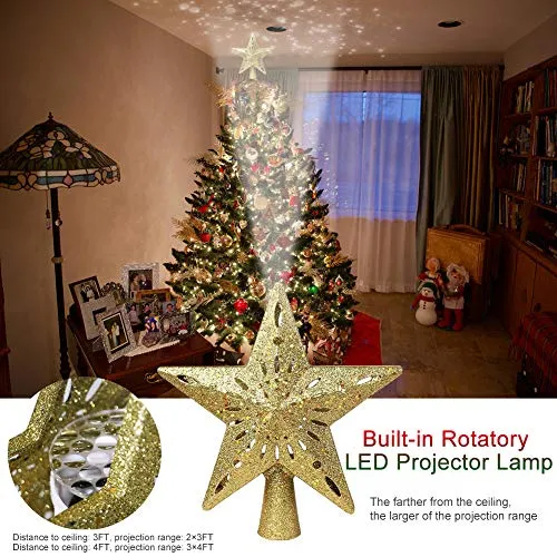 Hinmay - Puntale per Albero di Natale, con luci a LED rotanti a Forma di Fiocco di Neve, per Albero di Natale, Decorazione per la casa Oro.