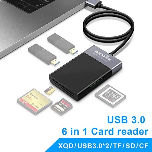 Rocketek Lettore di schede XQD, lettore multi-card USB 3.0 Rocketek con 2 porte USB 3.0 (5Gps), lettore di schede CF/SD/Micro SD compatibile con serie Sony G/M, Lexar 2933x / 1400x USB Mark XQD Card
