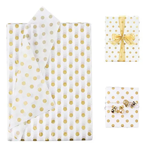 BUZIFU 50 Fogli Velina per Imballaggio Carta Velina Puntini Tagliabile Carta da Regalo Oro e Bianco per Confezione Regalo Decorazione, Regali, DIY (50 * 70cm)