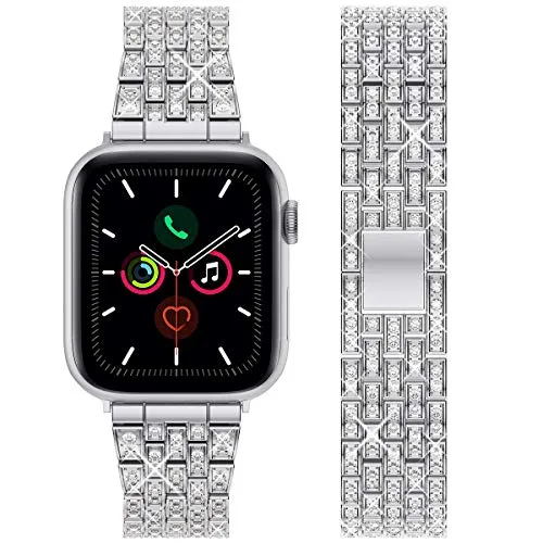 wlooo Diamond Watch Cinturino per Apple Watch 44mm 42mm, Bling Cinturino Uomo Donna Cristallo Strass Gioielli Cinturini Ricambio Metallo Inossidabile per iWatch Series 6 SE 5 4 3 2 1 (44/42, Argento)
