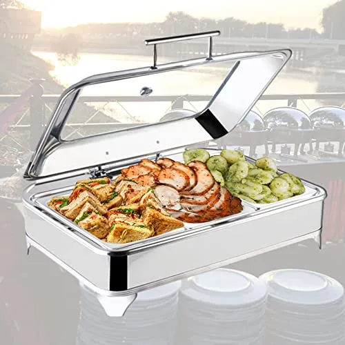 Grande Scaldavivande Professionale 9L, Chafing Dish Elettrico per Cibi ​in Acciaio Inox Buffet con on Coperchio in Vetro Trasparente per Buffet, Feste e Banchetti, Temperatura Regolabile 35°-80°