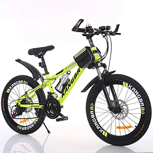 YAOXI Mountain Bike con Smorzamento Forcella Ammortizzata, Tasca A Telaio E Portabottiglie Bici per Bambini 21 Attrezzi Sistema di Freno A Doppio Disco Boy Girl Bicicletta,Giallo,24Inch