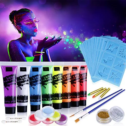 Lictin 43 pezzi Vernice Fluorescente Colorato，Neon Kit per Pelle Viso Corpo,8 Vernice Fluorescente,Fluo Party UV Body Painting,Pittura Corpo,Non Tossico per Carnevale, Cosplay, Halloween e Natale