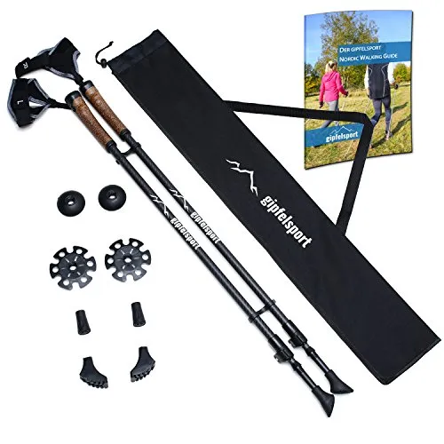 gipfelsport - Bastoni da nordic walking, telescopici, con custodia, leggeri, regolabili, colore: nero