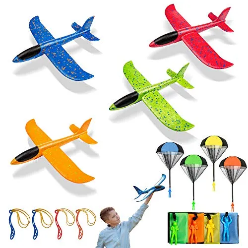 ZWOOS 4 Aerei Alianti in Volo e 4 Giocattoli Paracadute, Aliante Aereo Schiuma Mano Lancio Paracadute Paracadute per Bambini Set, Aeromodello Aliante per Bambini , Sport Allaperto Giocattoli o Regalo