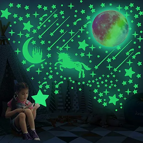 297 stelle luminose e adesivi murali unicorno luna fluorescente, adesivi murali autoadesivi, molto adatti per la cameretta dei bambini, stelle fosforescenti sul soffitto