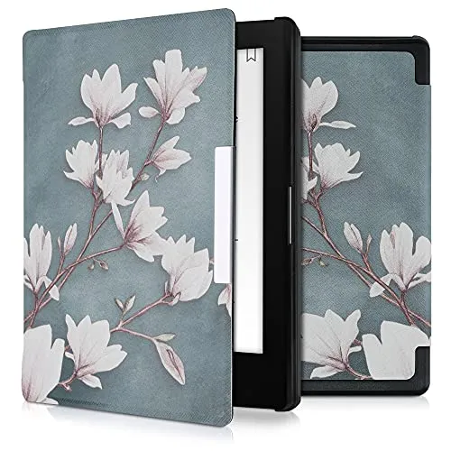 kwmobile Custodia eReader Compatibile con Kobo Aura Edition 1 Cover - eBook Reader Flip Case - marrone grigio/bianco/grigio blu - Magnolie