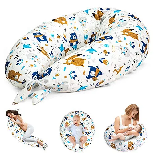 Cuscino Gravidanza per Dormire e Allattamento Neonato 165 x 70 cm - cuscino premaman e Riduttore Lettino XXL Bianco Con Animali