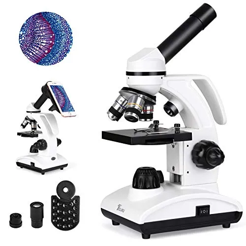 TELMU Microscopio - 40x a 1000x - Lente Acromatica e LED Regolabile, Microscopio Bambini e Studenti Come Regalo di Compleanno e Vacanza, Fette Biologiche Incluse (con Adattatore per Smartphone)
