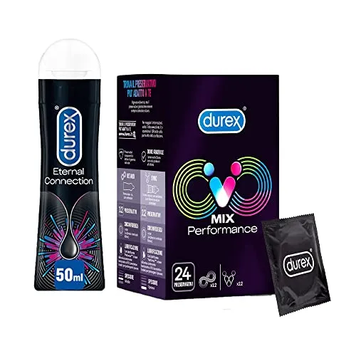 Durex Mix Preservativi Performance, 12 Profilattici Durex Retard e 12 Profilattici Durex SYNC, e Durex Eternal Gel Lubrificante da 50 ml