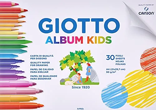 Giotto Kids, Album da 30 fogli carta bianca a grana fine per disegno, A4, 90g/m2