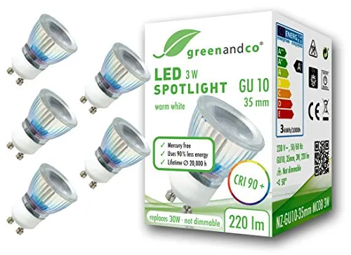 5x Spot a LED greenandco® IRC 90+ GU10 35mm 3W (equivalente spot alogeni 30W) 220lm 3000K (bianco caldo) 50° 230V AC, nessun sfarfallio, non dimmerabile